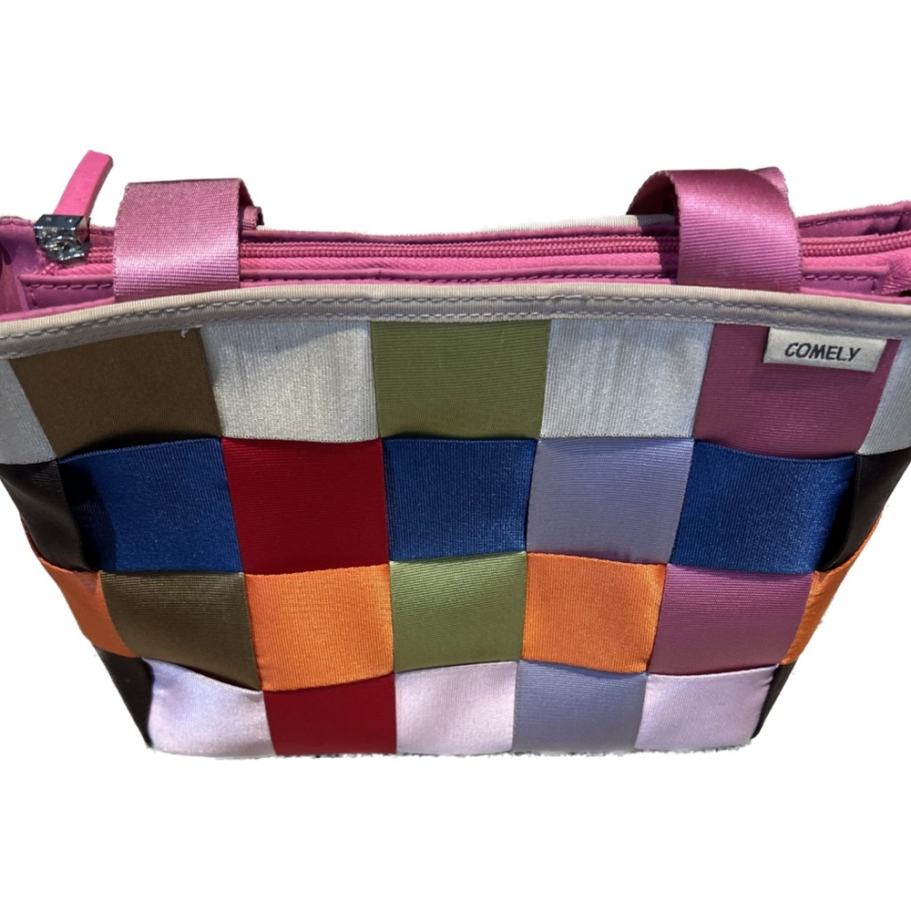 Comely Multicolor Seatbelt Purse Bag Tote  Medium 14X8X4” Pink shoulder Strap
